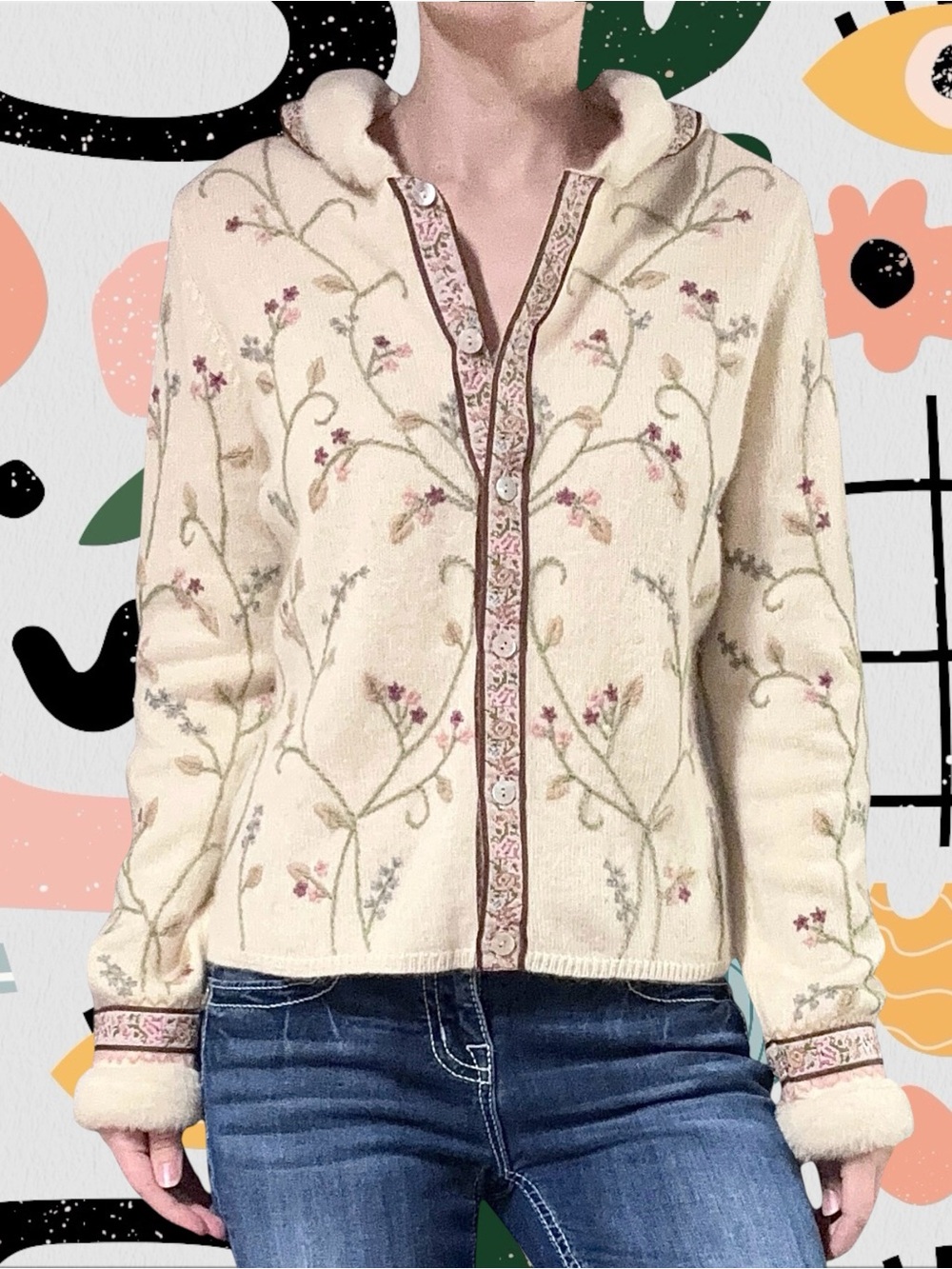 Lucia Burns | Lambswool Angora Floral Button Front Faux Fur Trim Hooded Sweater